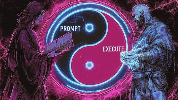 A Yin-Yang symbol labeled "PROMPT" on the left and "EXECUTE" on the right. On the left side, a mystical female magician Prompting. On the right side, a technomancer Executing.